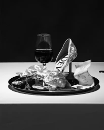 Black and white still life photo of a high heel shoe, wine glass, and receipt on a tray by Pierre Tostain