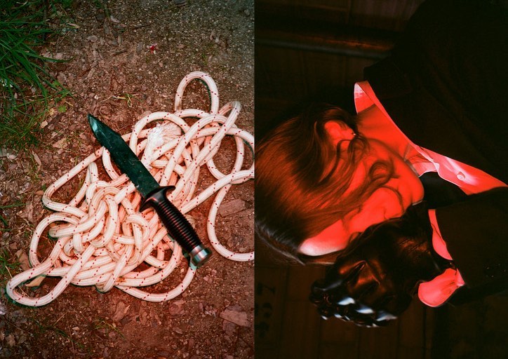 Split image shows a knife on rope outside and a person lit in red indoors. 