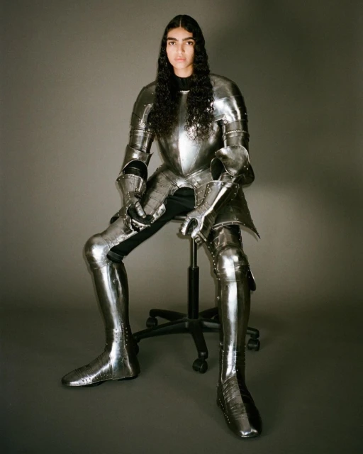 Young woman with long dark hair sits on an office chair indoors, wearing silver full plate armour from head to toe in studio light.
