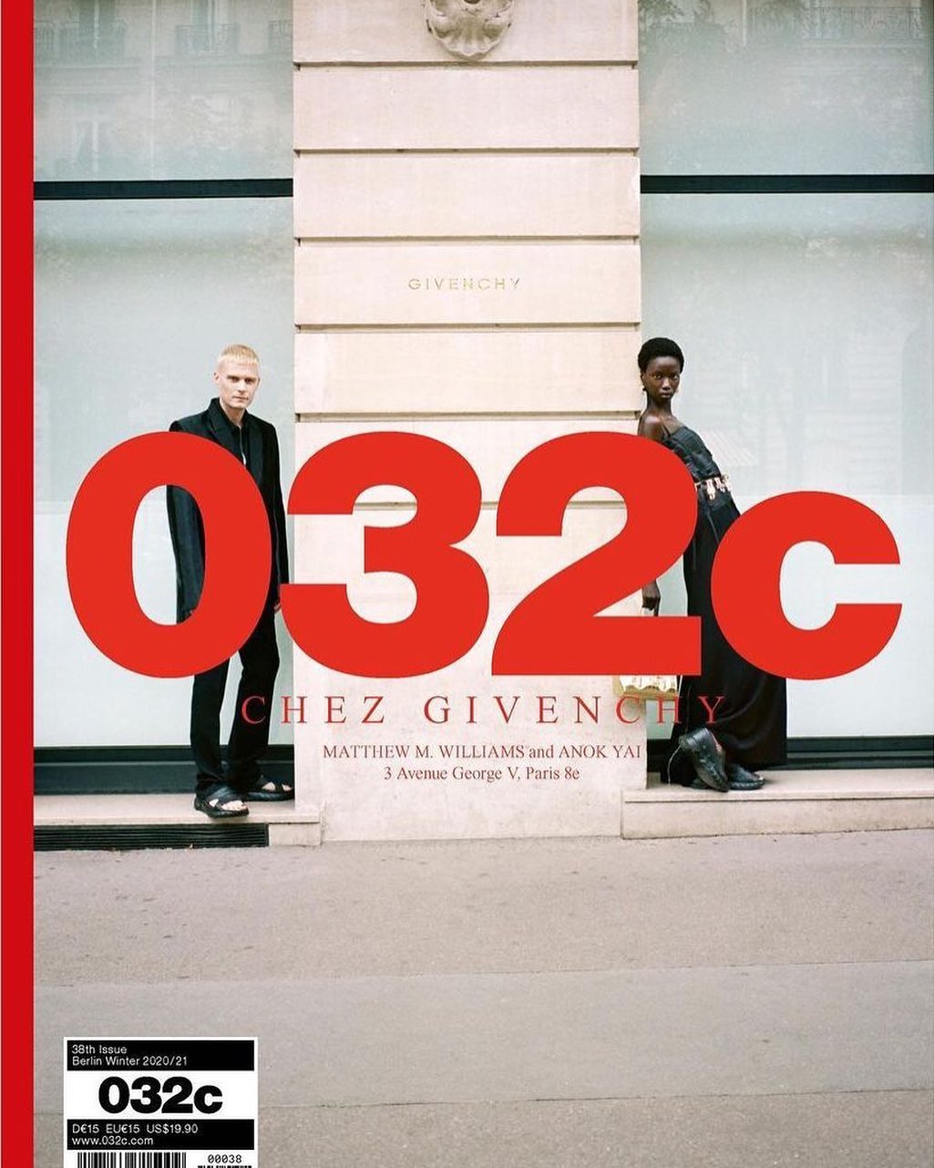 Magazine cover with two models standing in front of a building. The magazine title '032c' is in large red letters.