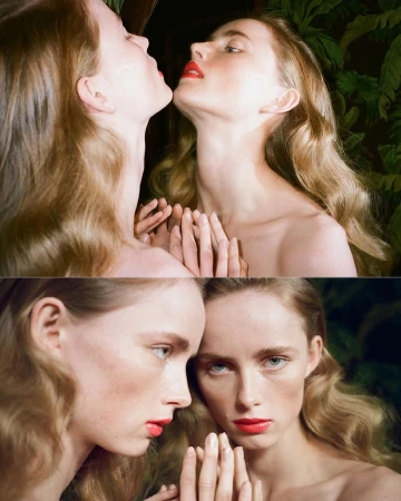 Portrait of a woman with long wavy blonde hair and bright red lipstick looking into a mirror in Paris by Pierre-ange Carlotti