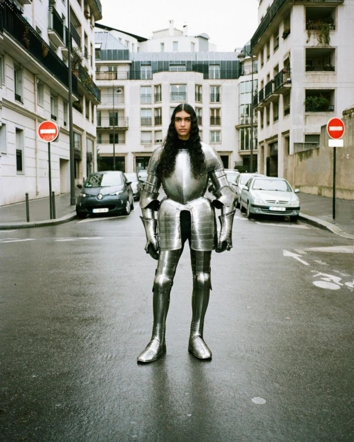 Adult stands in full plate armor in a city street, featuring cars and apartment buildings, with a wet street surface reflecting light.