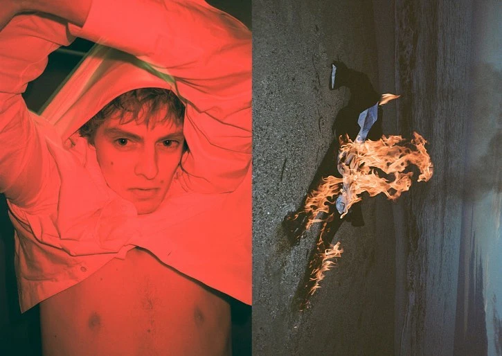 Dual image: A fair-skinned man taking off a white shirt in red lighting, and a burning garment on grey concrete.