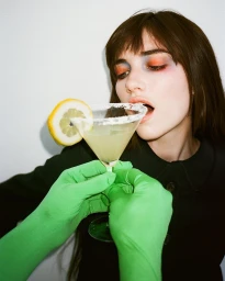 Woman in dark dress wearing bright green gloves holding a salt-rimmed margarita cocktail with a lemon slice
