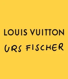Bright yellow rectangular graphic display featuring black uppercase typography reading LOUIS VUITTON and URS FISCHER.