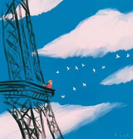Illustration of a person looking at birds near the Eiffel Tower on a partly cloudy day with blue skies rendered in a painterly style.
