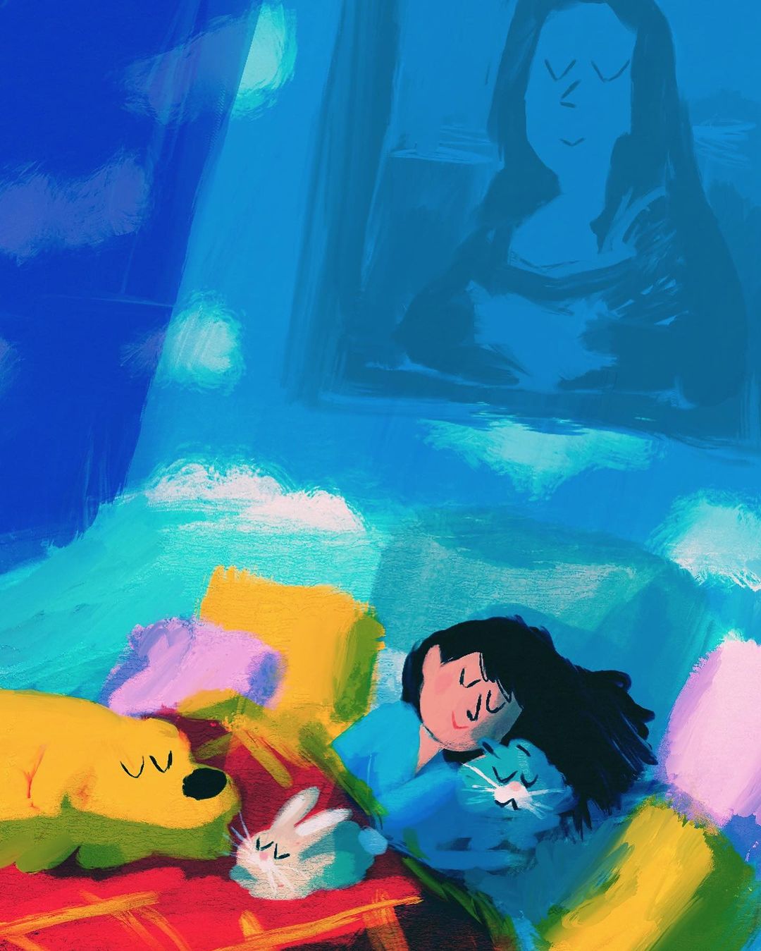 Illustration of a person embracing a cat in bed next to a dog and a rabbit with a painting of the Mona Lisa on the wall.