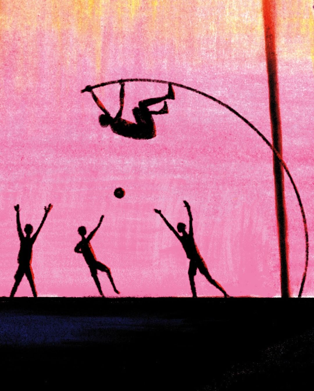 Illustration of a pole vaulter silhouetted against a pink sky, with teammates watching below against a dark horizon.
