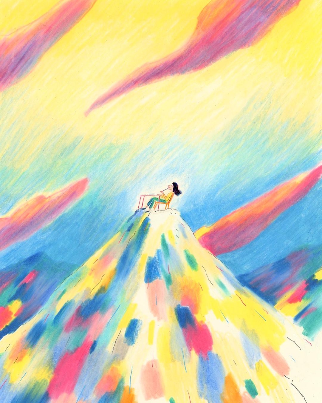 Illustration of a person seated on a chair atop a colorful mountain against a gradient sky with soft, cloud-like formations.