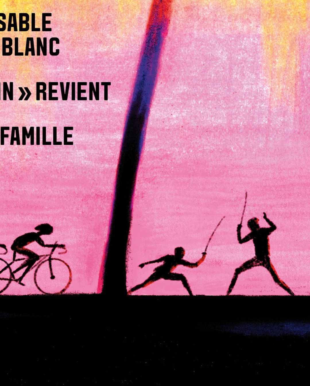 Illustration of two figures fencing with sticks and a figure on a bicycle, silhouetted against a pink and yellow sky.