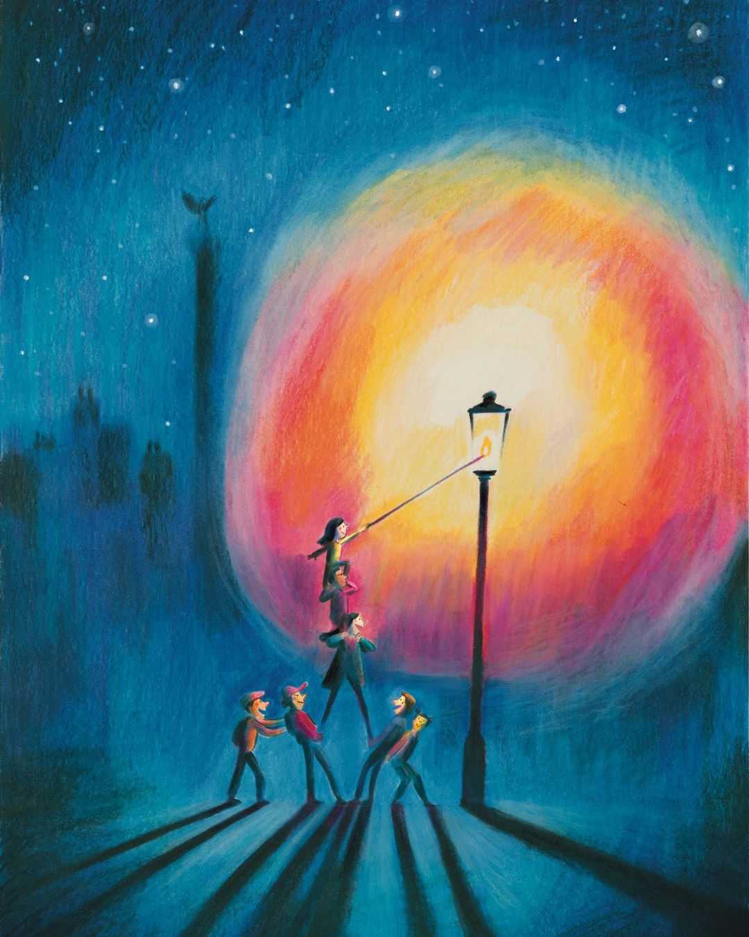 Illustration of four adults helping two others, including a child, reach and light a streetlight in a whimsical urban nighttime scene.