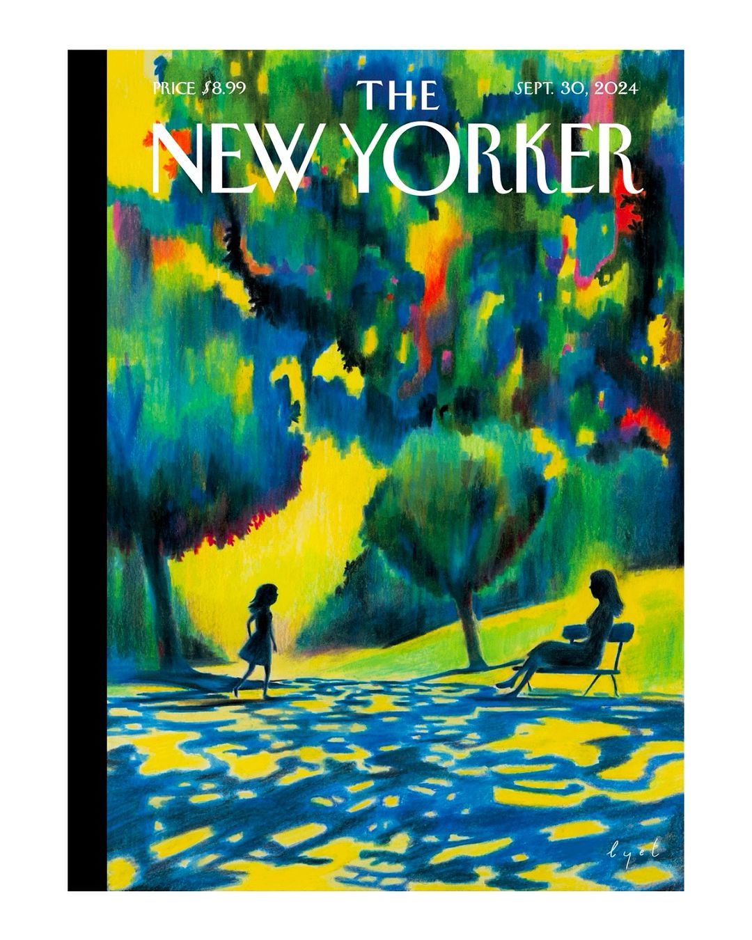 The New Yorker magazine cover illustration of a girl walking toward an adult woman sitting on a bench in a park setting.