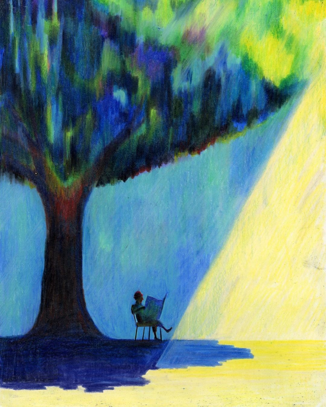 Whimsical painting depicting a person reading under a large tree with a bright yellow light beam illuminating the scene in blue and yellow tones.