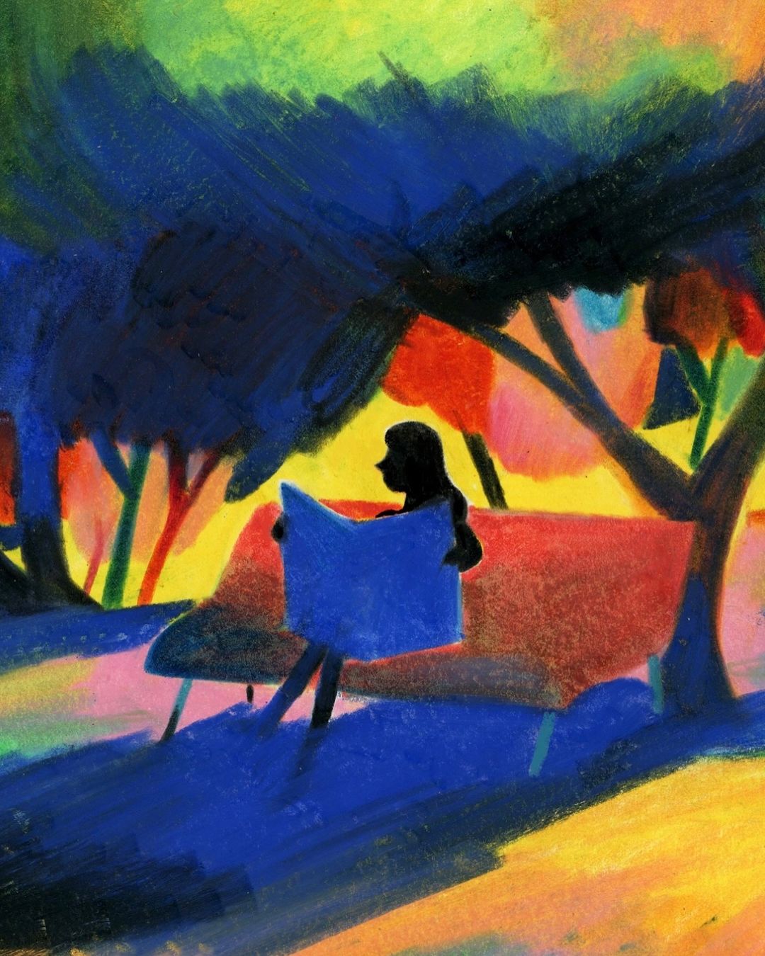 Stylized painting of a person sitting on a park bench reading, under a tree with colorful leaves in shades of yellow, red, and blue.