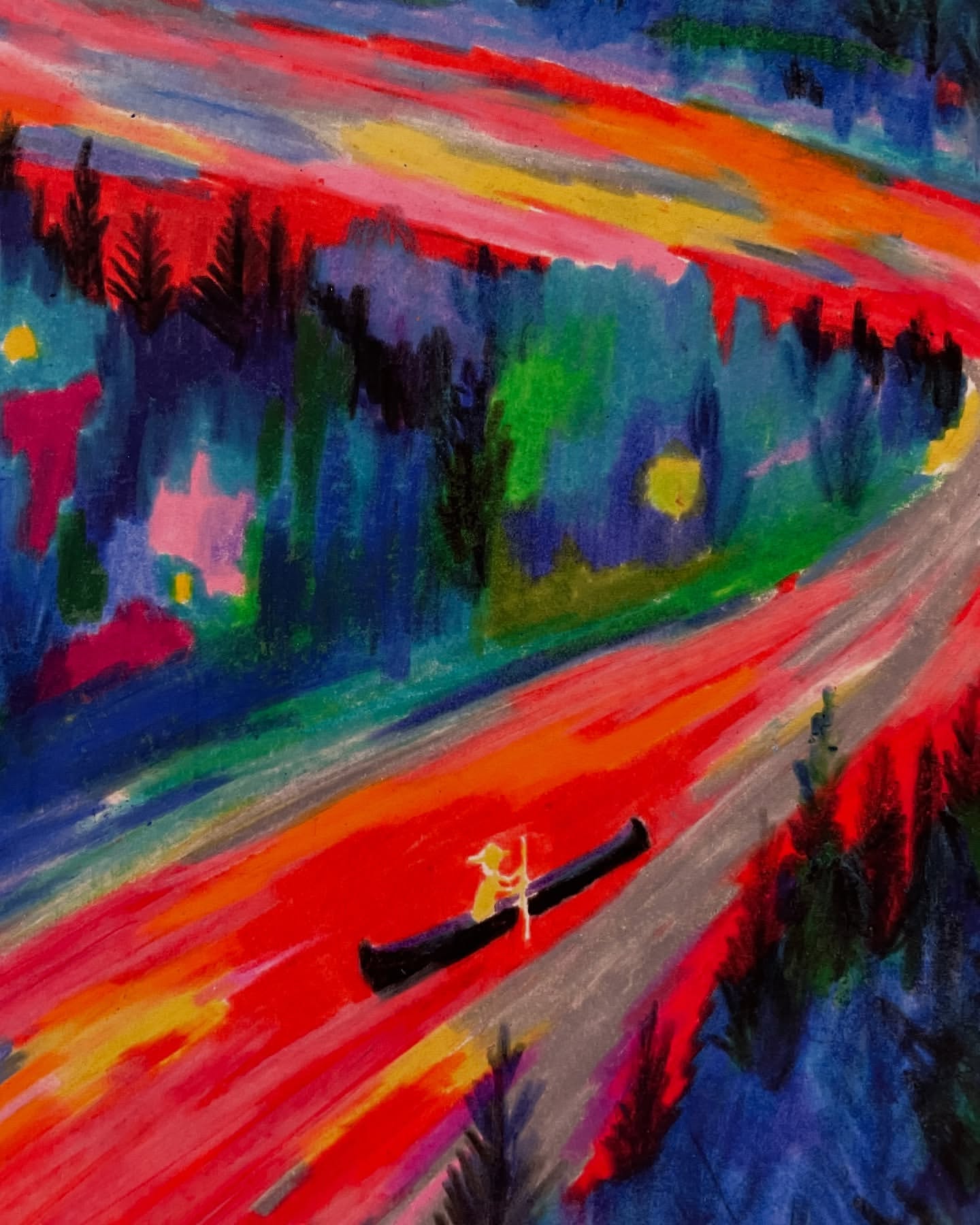 Painting of a person canoeing on a river through a colourful forest, rendered in vivid, expressive brushstrokes, conveying movement.