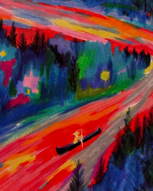 Painting of a person canoeing on a river through a colourful forest, rendered in vivid, expressive brushstrokes, conveying movement.