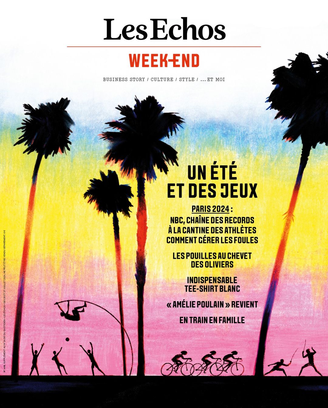 Les Echos Weekend magazine cover with palm tree silhouettes and silhouetted figures playing sports on a gradient pastel background.