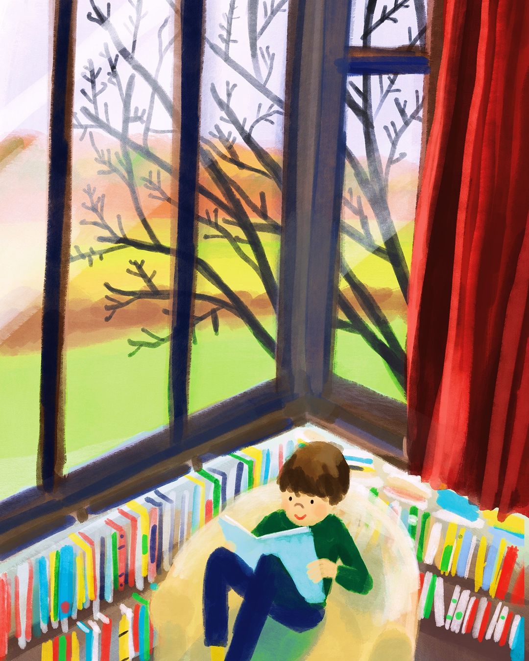 Illustration of a child reading a book in a cozy corner by a window with books lining the walls, creating a peaceful reading nook.
