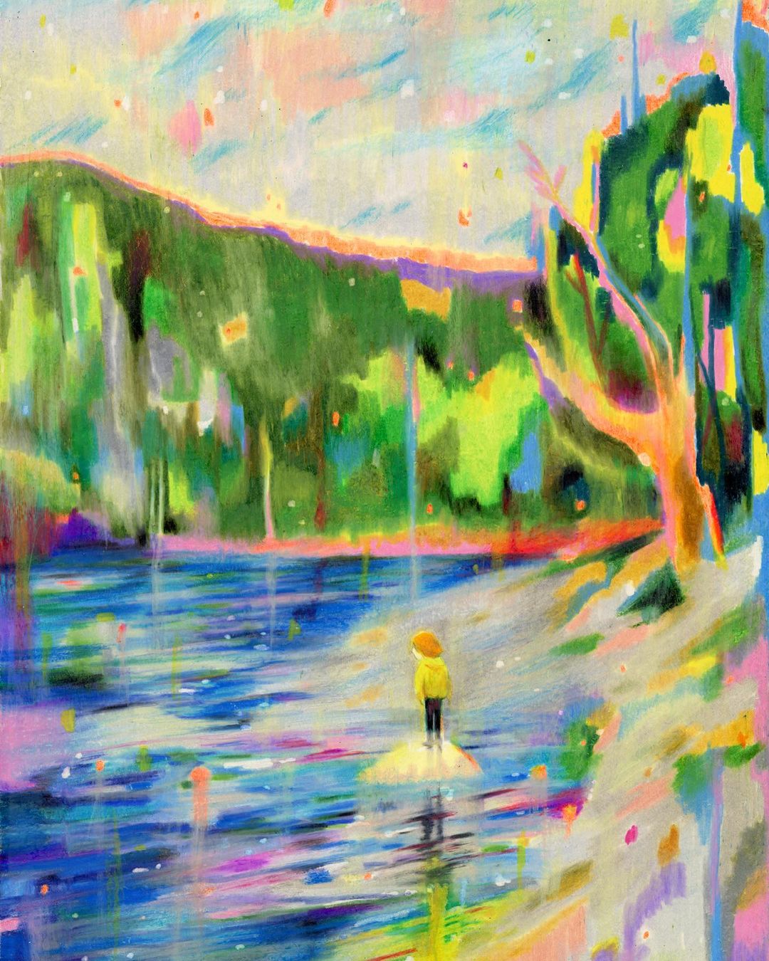 Artistic painting of a single child standing on a tiny island in the middle of a lake reflecting a lush green mountainside.