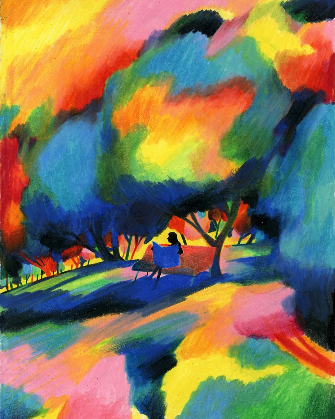Impressionistic painting of a figure reading on a bench in a colourful park landscape with vibrant trees, grass, and shadows.