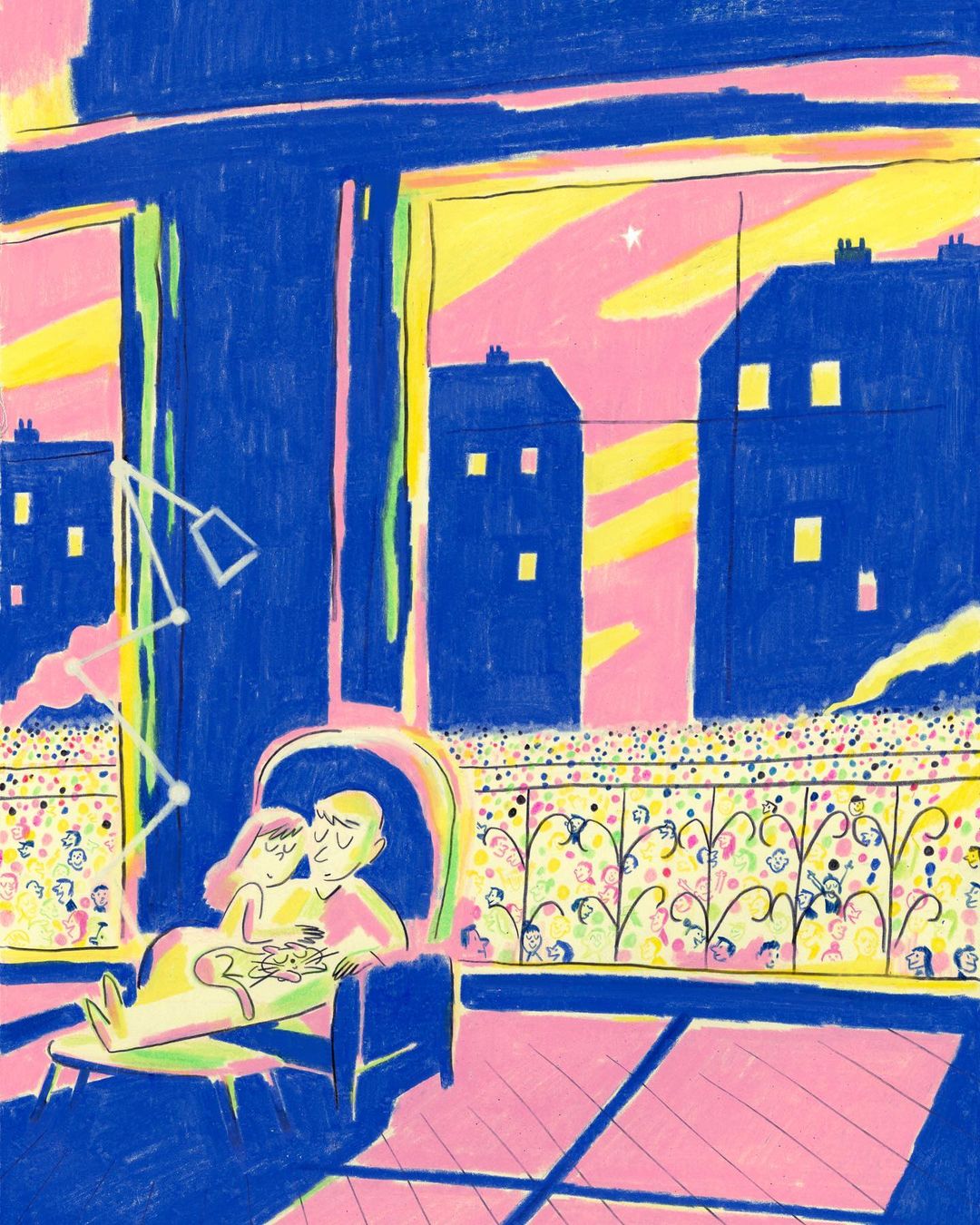 Illustration of a man and woman sitting in a chair looking out over a balcony with a city skyline under a pink and yellow sky.