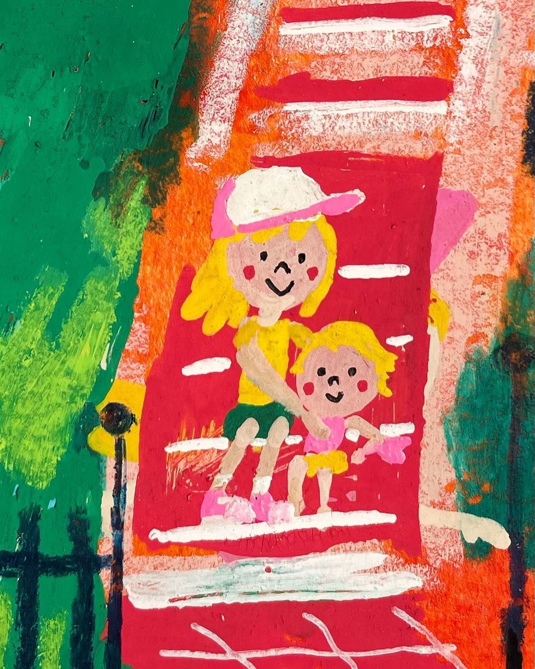 Artistic illustration of two children, one older helping a younger child on a red slide in a grassy outdoor setting with a fence.