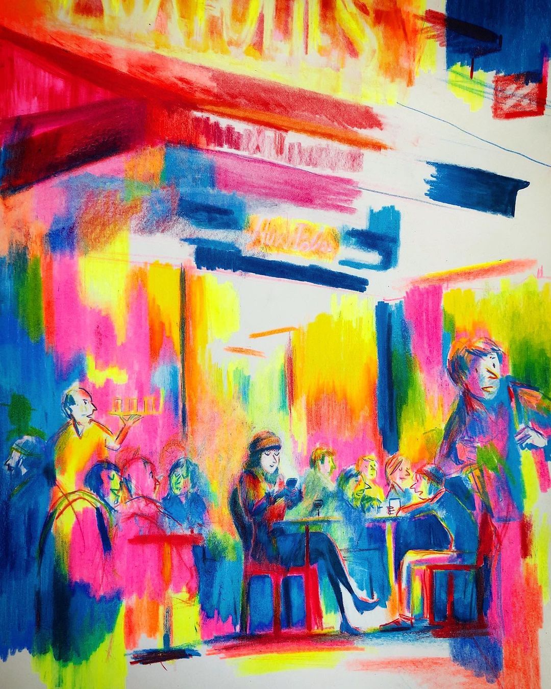 Colorful illustration of people sitting at tables in a cafe, with a server and a musician; vivid, vibrant hues.