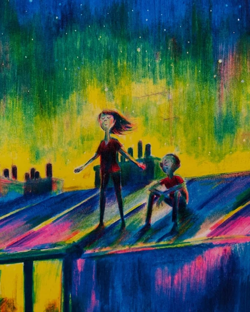 Whimsical digital painting of two children on a rooftop under a colorful, starry sky, blending dark blues, greens, yellows, and pinks.