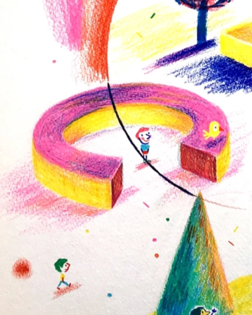 Colorful illustration depicts children playing near abstract shapes with confetti dot accents. The scene has a whimsical, childlike quality.