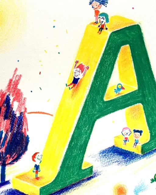 Illustration of children playing on a large letter A, crafted with bright, textured lines in green, yellow, red, and blue on a white background.