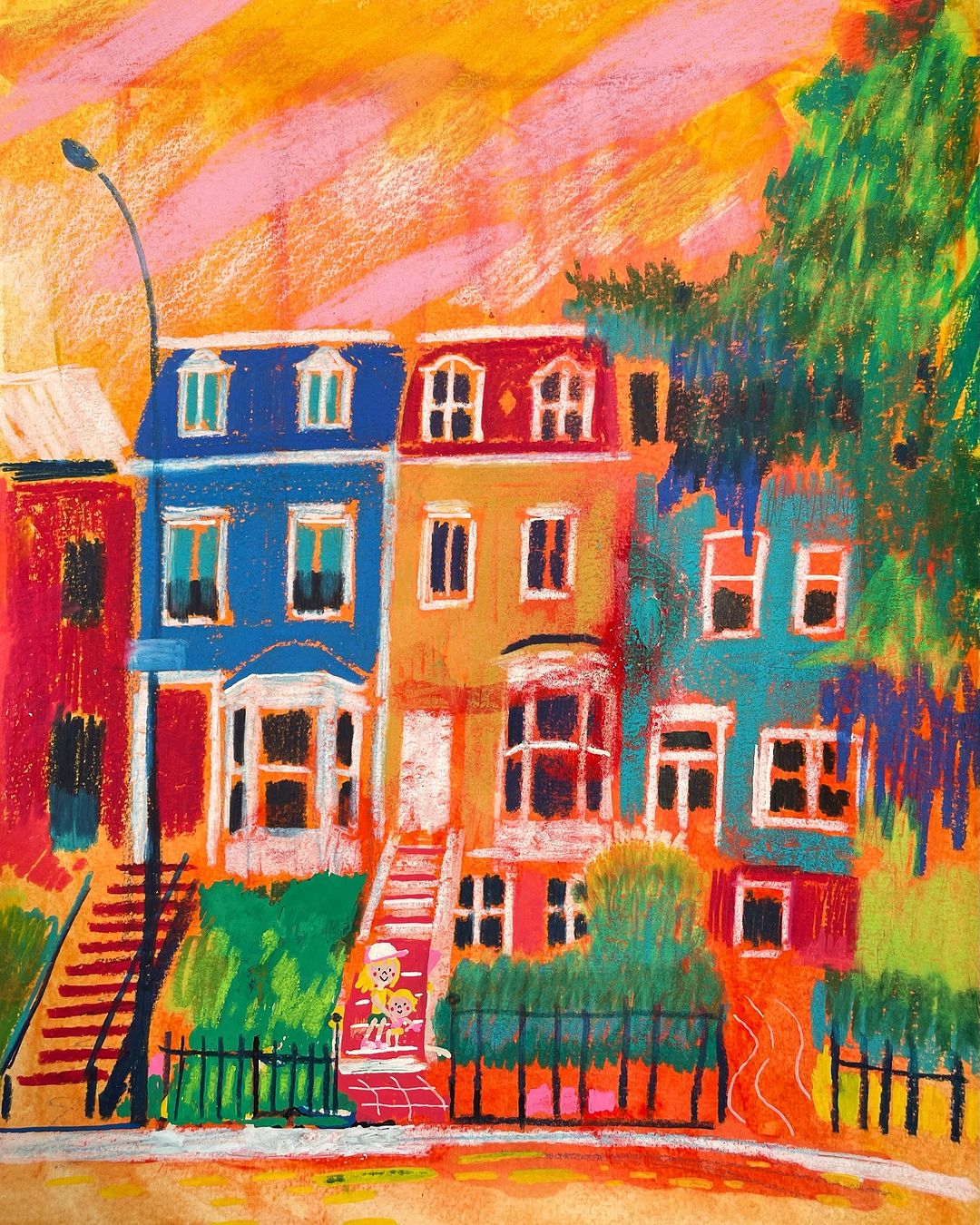 Whimsical illustration of colorful row houses with stairs, green shrubbery, and two children, set against a pink and yellow sky.