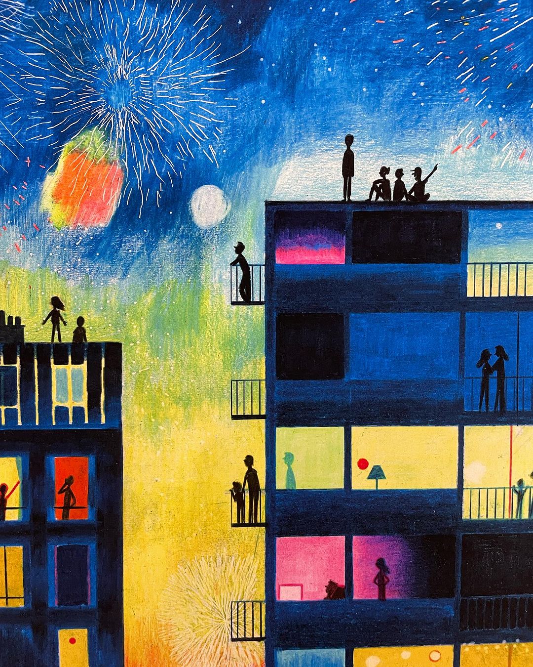 Illustration of apartment buildings at night with fireworks in the sky and people on rooftops and balconies watching the display.