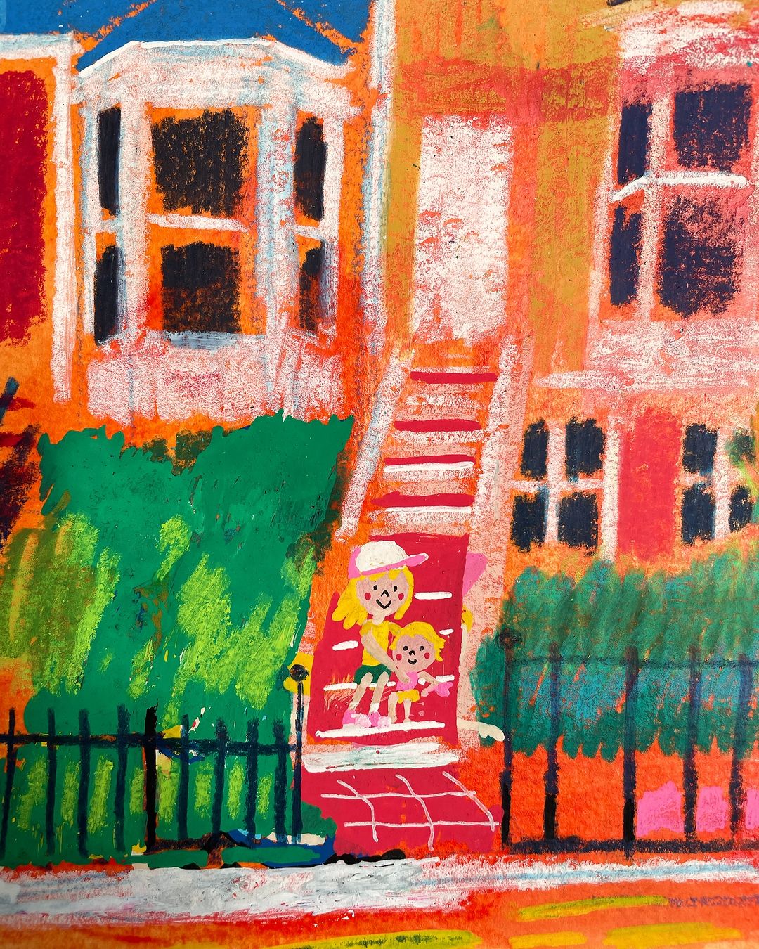 Illustration of a child being carried on the back of an adult, walking up the stairs of a colorful building with green foliage nearby.
