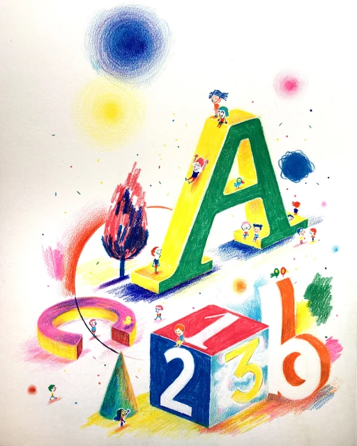 Illustration of children playing on and around large, colorful alphabet letters and number block, creating a whimsical and educational scene.