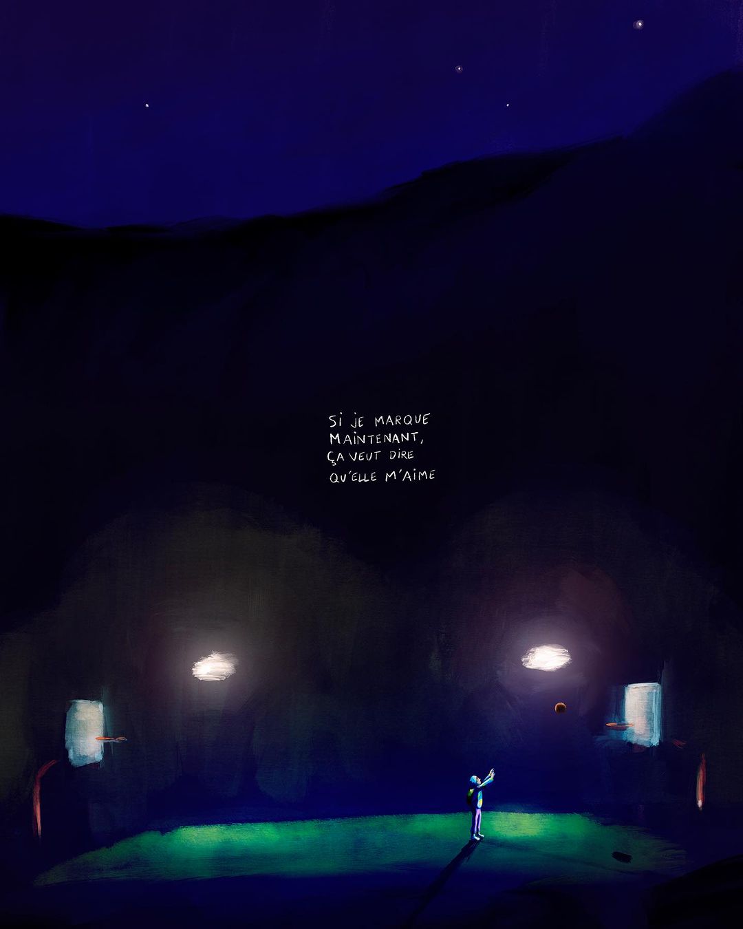 Illustration of a person on a basketball court at night, aiming to shoot a basketball towards the hoop. Stars in the sky. 