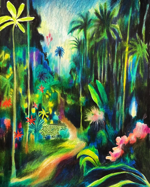 Artwork showcases a vibrant, colorful tropical jungle scene with lush green foliage, tall palm trees, and a winding pathway.