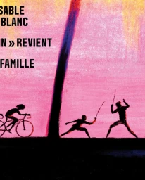 Illustration by Pierre-emmanuel Lyet featuring silhouettes of figures fencing and cycling against a vibrant pink sky.