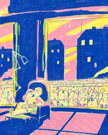 Colorful illustration of two figures resting on an armchair by a window overlooking a city skyline at sunset by Pierre-emmanuel Lyet