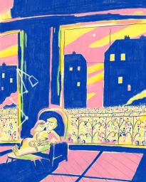 Colorful illustration of two figures resting on an armchair by a window overlooking a city skyline at sunset by Pierre-emmanuel Lyet