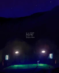 Illustration by Pierre-emmanuel Lyet of a small figure shooting a basketball on a dark court at night under a starry sky.