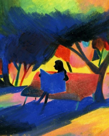 Colorful expressionist painting by Pierre-emmanuel Lyet of a silhouetted figure reading a blue newspaper on a red bench beneath trees.