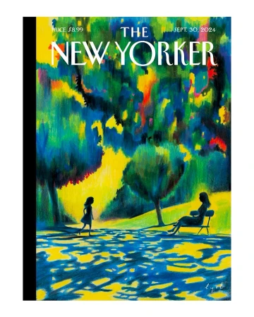 The New Yorker magazine cover illustration by Pierre-emmanuel Lyet featuring a park scene with silhouetted figures beneath colourful trees.