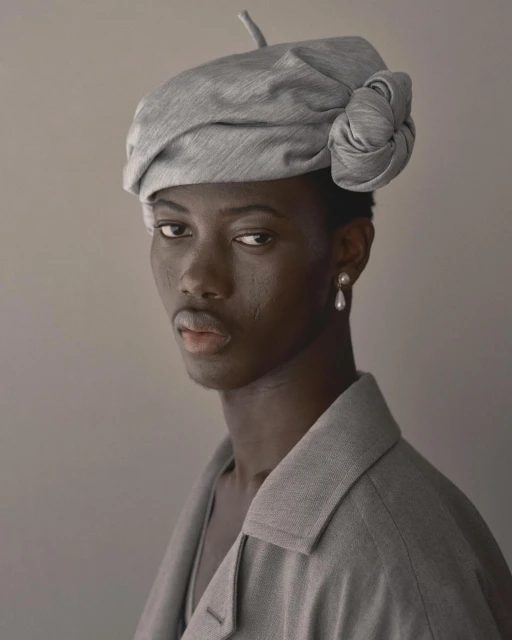 Close-up studio portrait of a Black adult female model wearing a stylish gray beret and matching blazer against a neutral gray backdrop.
