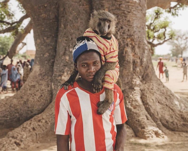 A young man in a soccer jersey carries a baboon on his shoulders in a rural outdoor setting with a baobab tree in the background.