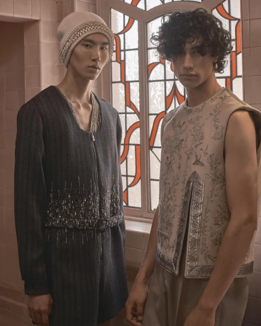 Two men pose indoors near a window, showcasing detailed sleeveless and sleeved tops in a fashion editorial setting with neutral tones.