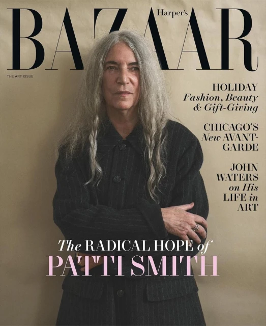 Magazine cover featuring Patti Smith. The cover has text that reads 'Bazaar' and 'The Radical Hope of Patti Smith'. The background is beige.