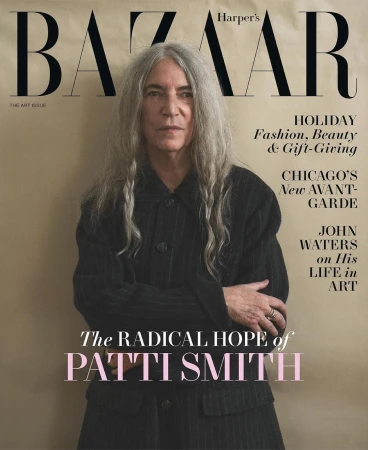 Magazine cover featuring Patti Smith. The cover has text that reads 'Bazaar' and 'The Radical Hope of Patti Smith'. The background is beige.