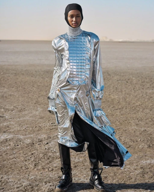 Fashion model in a silver metallic outfit with black boots poses in a barren desert landscape under a clear sky for a fashion shoot.