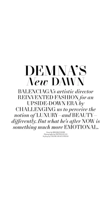 Editorial-style image featuring 'Demna's New Dawn' headline, promoting Balenciaga's reinvented fashion era with bold typography and luxury theme.