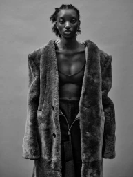 Portrait of a black woman wearing an oversized fur coat and dark trousers against a grey seamless background.